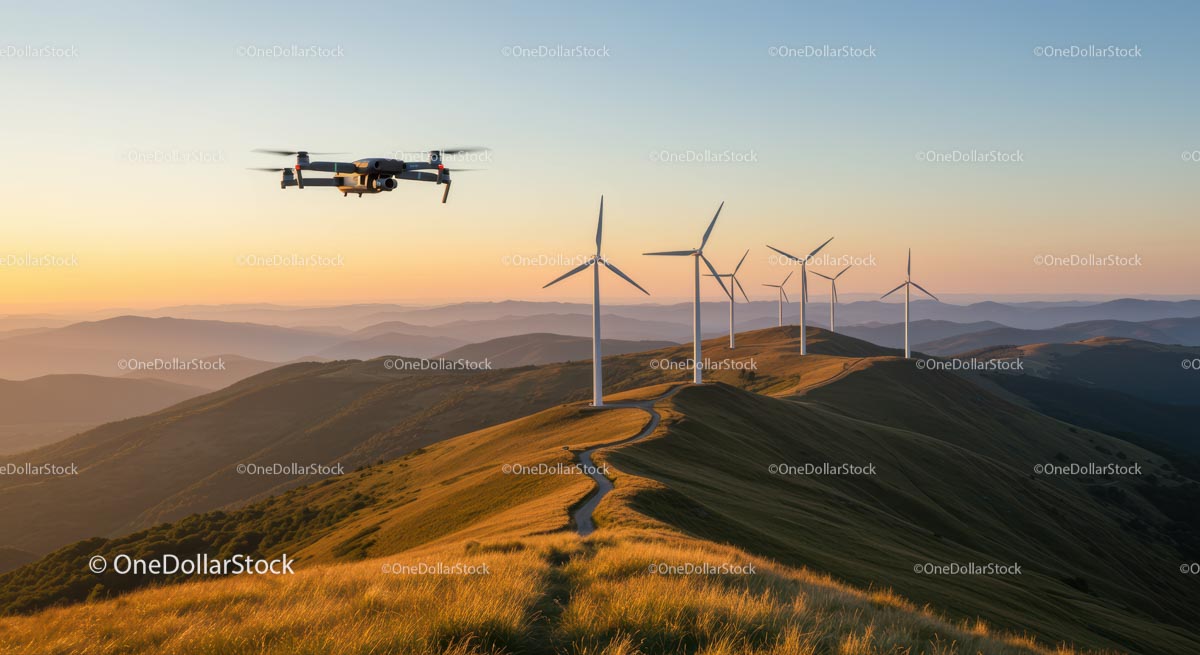 Dron nad malowniczymi wzgórzami z turbinami wiatrowymi o zachodzie słońca