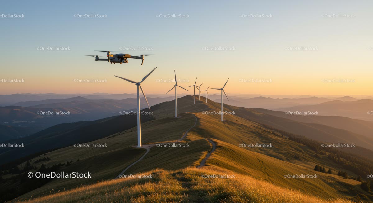 Dron i turbiny wiatrowe w górskim zachodzie słońca