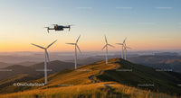 Drone Over Wind Turbines at Sunset on Rolling Hills