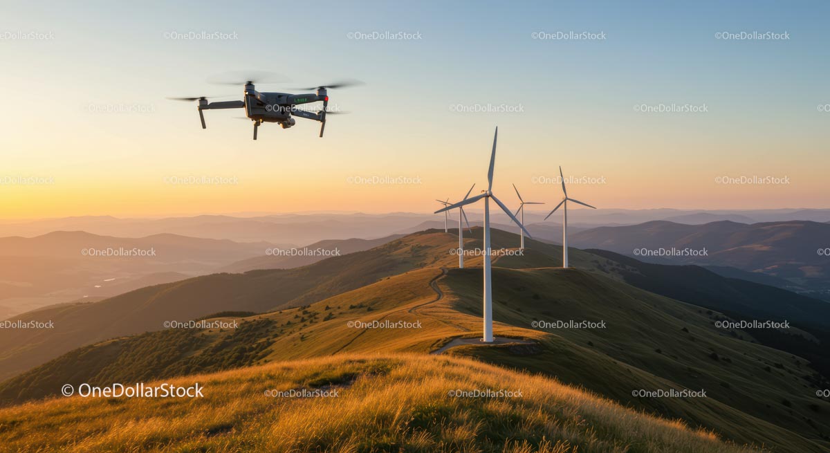 Drone Flying Over Hills with Wind Turbines at Sunset