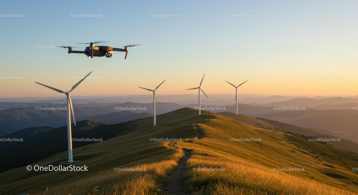Dron latający nad turbinami wiatrowymi na trawiastej górze o zachodzie słońca