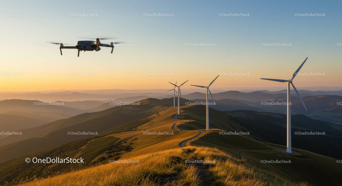 Drone Over Mountainous Wind Farm at Golden Sunset