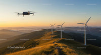 Drone Over Mountainous Wind Farm at Golden Sunset