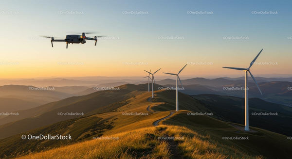 Dron nad Górską Farmą Wiatrową o Złotej Zachodzie Słońca