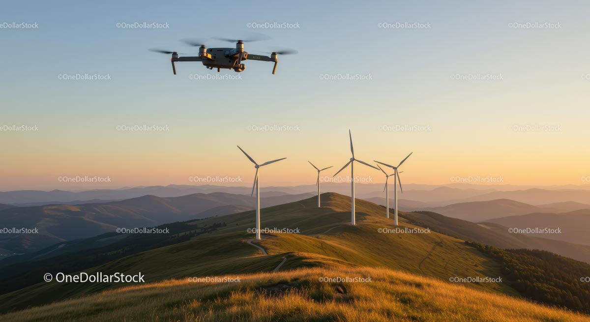 Drone Flying Over Hills with Wind Turbines at Sunset