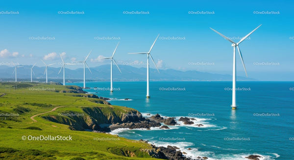 Turbiny wiatrowe na surowym wybrzeżu i błękitnym oceanie