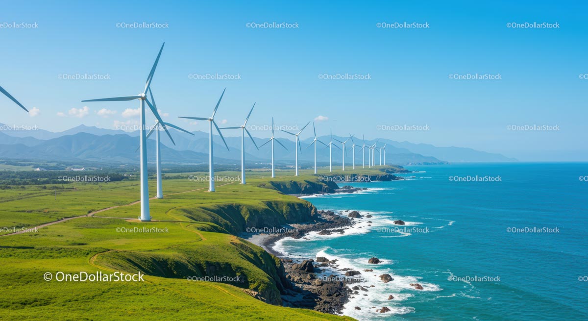 Scenic Coastal Wind Farm with Lush Green Landscape