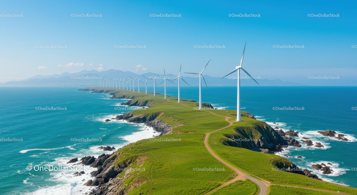 Coastal Wind Turbines on Grassy Cliffside