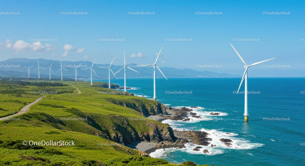 Turbiny Wiatrowe na Malowniczym Nadmorskim Krajobrazie z Widokiem na Ocean
