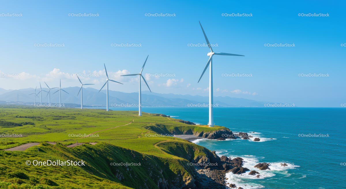 Turbiny wiatrowe na zielonych wzgórzach nadmorskich na tle błękitnego oceanu