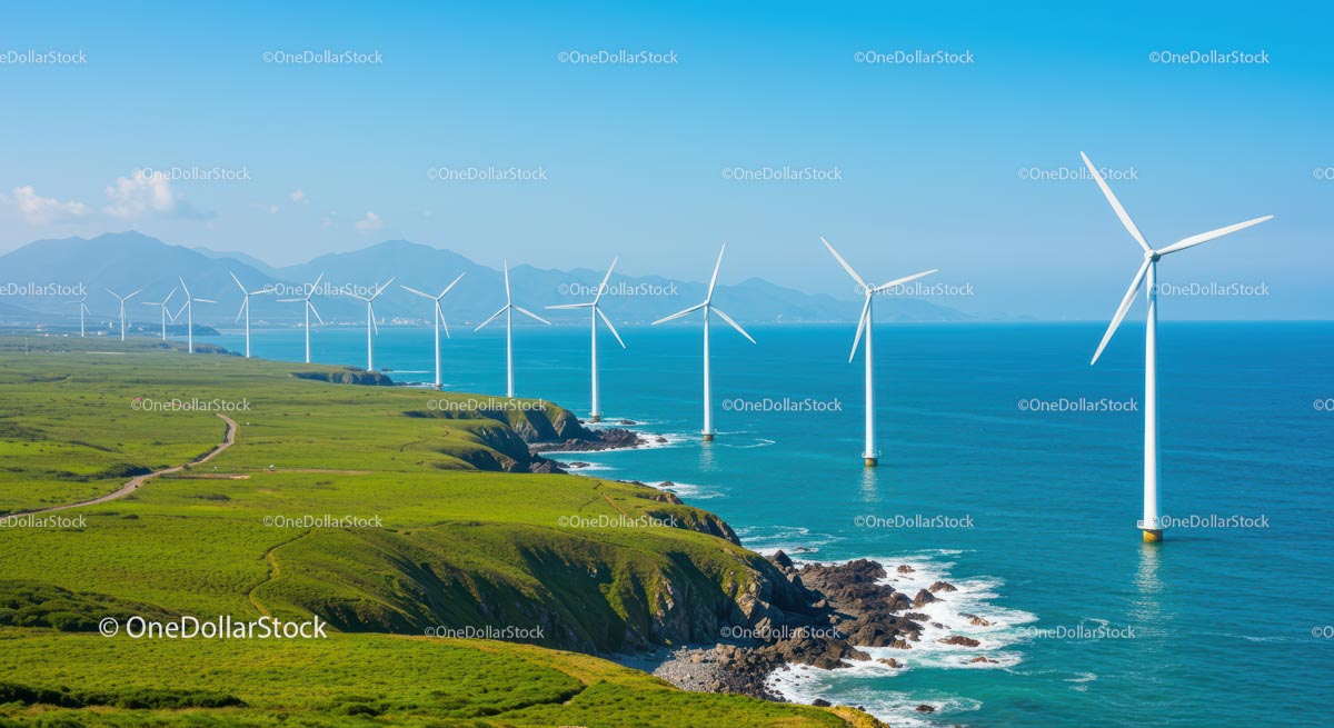 Coastal Wind Farm with Turbines and Ocean View
