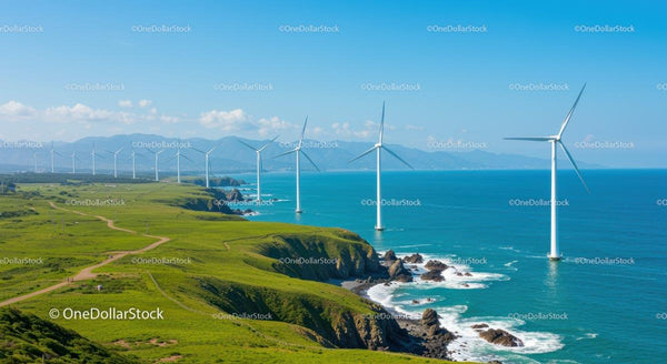 Turbiny wiatrowe wzdłuż nadmorskich klifów i oceanu
