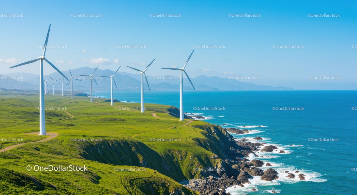 Wind Turbines Along a Green Coastal Landscape
