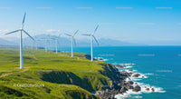 Wind Turbines Along a Green Coastal Landscape