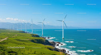 Wind Turbines on Scenic Coastal Landscape with Blue Ocean