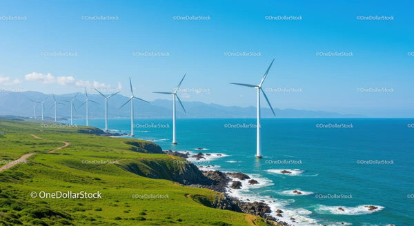 Turbiny Wiatrowe na Malowniczym Nadmorskim Krajobrazie z Błękitnym Oceanem
