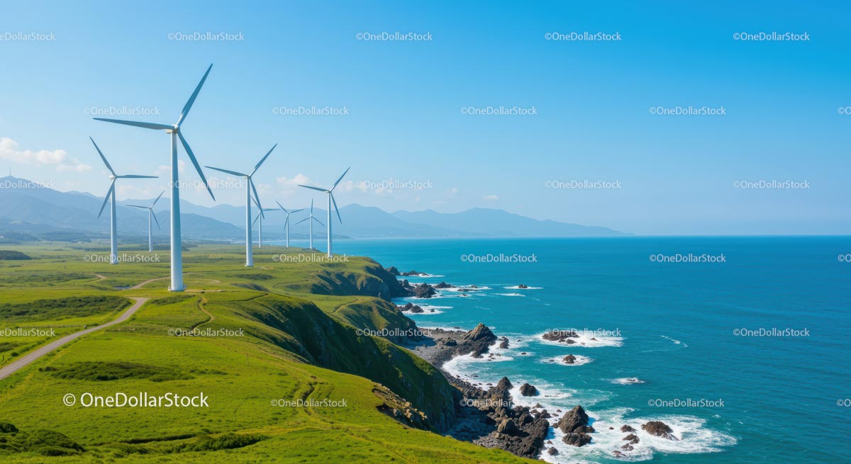 Wind Turbines Overlooking Coastal Green Hills and Blue Ocean
