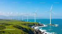 Coastal Wind Turbines on Lush Green Hills