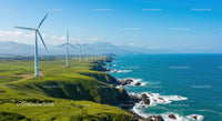 Wind Turbines on Scenic Coastal Greenery