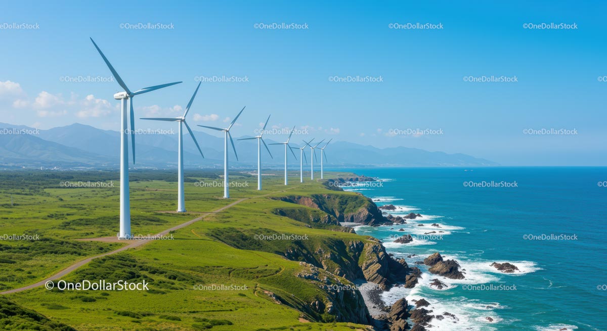 Wind Turbines on Coastal Hills Overlooking the Ocean