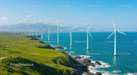 Coastal Wind Farm with Green Fields and Blue Ocean View
