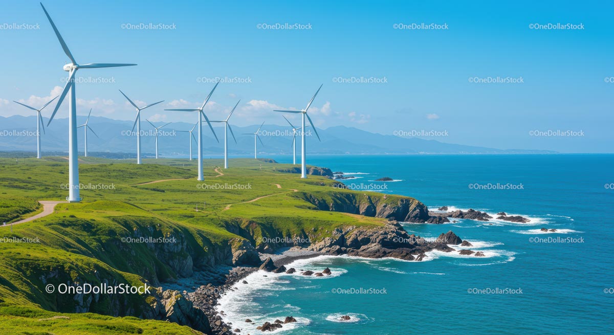 Wind Turbines on Green Hills by the Blue Ocean Coastline