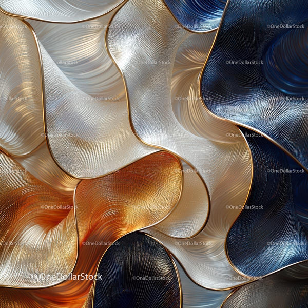 Abstract Metallic Waves with Golden and Blue Accents
