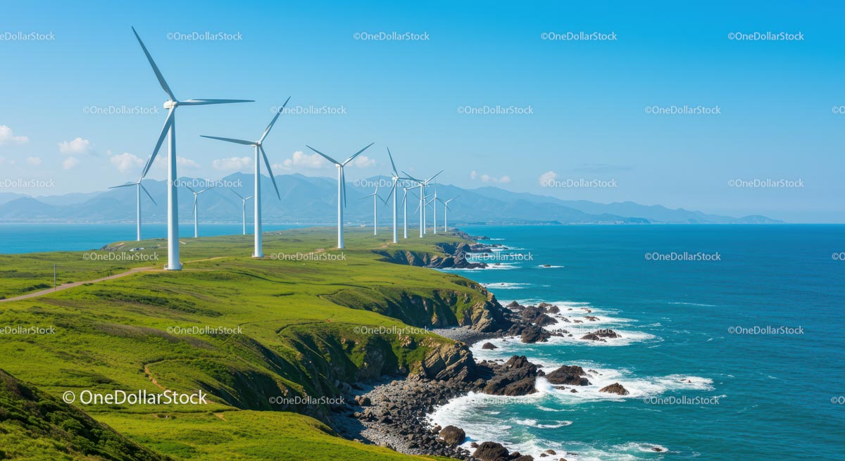 Wind Turbines Along Scenic Coastal Landscape