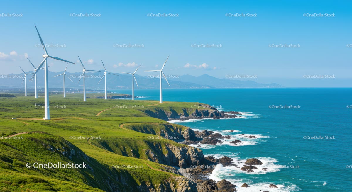 Wind Turbines on a Green Coastal Landscape