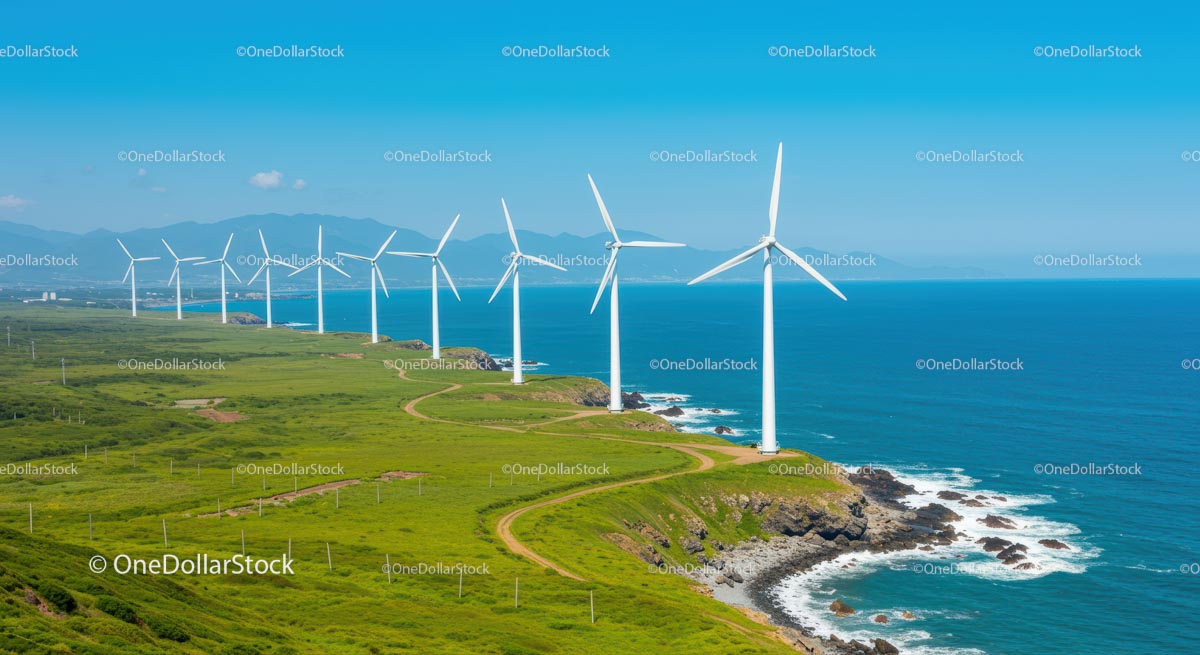Wind Turbines Along Coastal Green Landscape