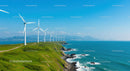 Coastal Wind Farm with Turbines Along Green Cliffs