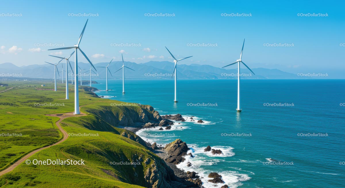 Coastal Wind Turbines Against Blue Ocean Horizon