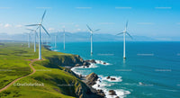 Coastal Wind Turbines Against Blue Ocean Horizon