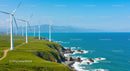 Wind Turbines Along Vibrant Green Coastal Hills