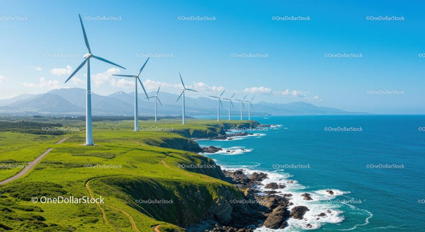 Nadmorskie Turbiny Wiatrowe na Tle Zielonych Klifów i Błękitnego Oceanu