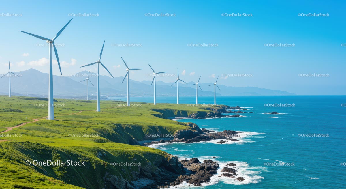 Coastal Wind Farm with Turbines and Ocean View