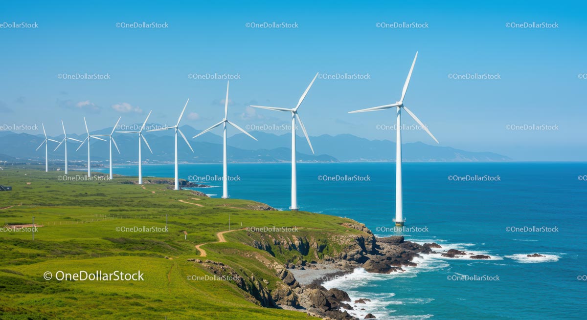 Wind Turbines on Scenic Coastal Green Fields