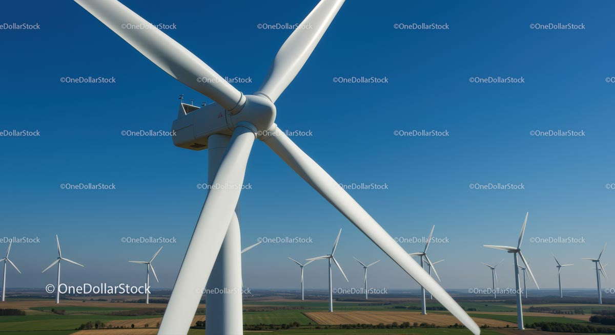 Wind Turbines on a Clear Day in a Vast Field