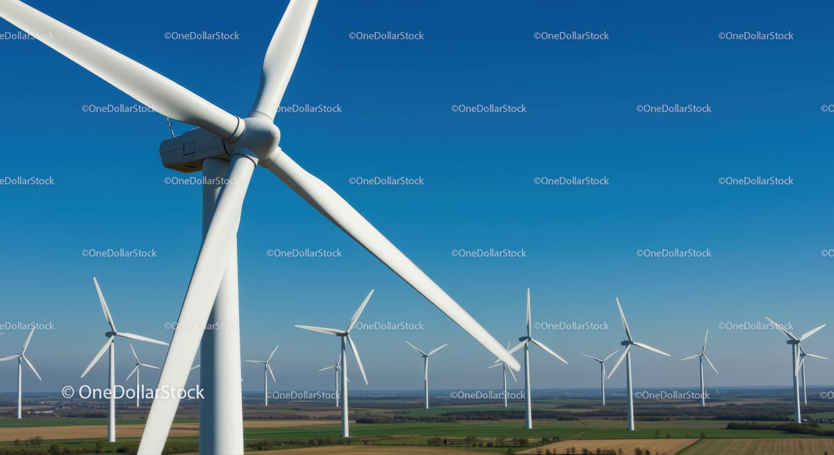 Panoramiczny widok turbin wiatrowych pod czystym, błękitnym niebem