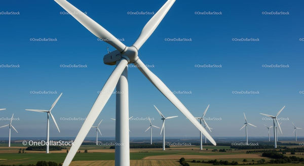 Turbiny Wiatrowe na Zielonych Polach Pod Czystym Błękitnym Niebiem