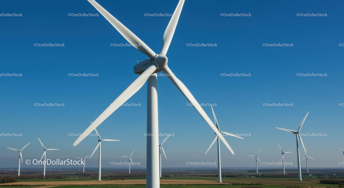 Duże turbiny wiatrowe na tle czystego, błękitnego nieba na farmie wiatrowej