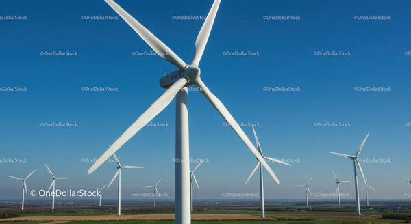 Duże turbiny wiatrowe na tle jasnego nieba na farmie wiatrowej
