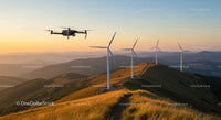 Drone and Wind Turbines at Sunset Over Rolling Hills