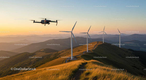 Dron i Turbiny Wiatrowe o Zachodzie Słońca nad Falującymi Wzgórzami