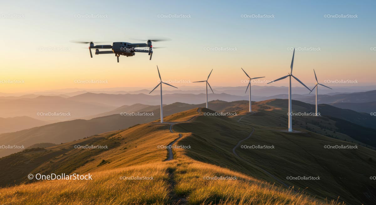 Dron nad wzgórzami z turbinami wiatrowymi o zachodzie słońca