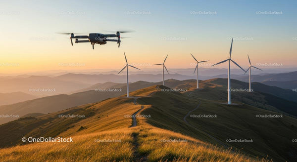 Dron nad Wzgórzami z Turbinami Wiatrowymi o Zachodzie Słońca