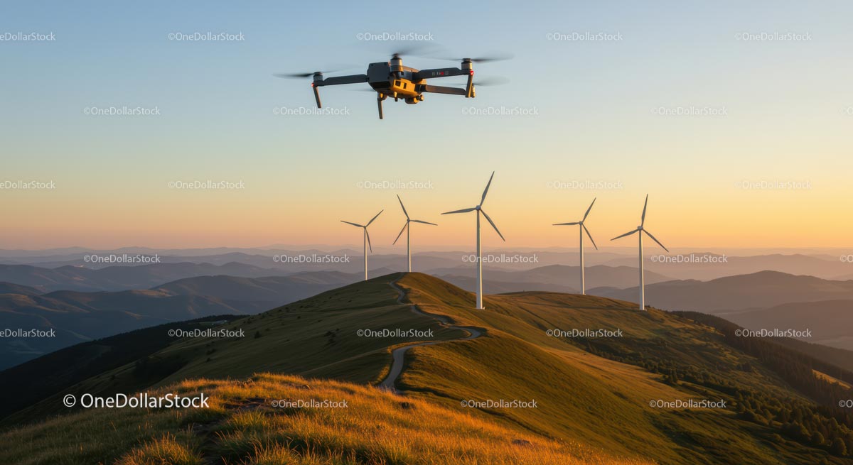 Dron latający nad turbinami wiatrowymi o zachodzie słońca w górach