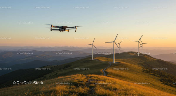 Dron nad turbinami wiatrowymi o zachodzie słońca w górskim krajobrazie