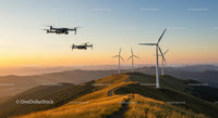Drones and Wind Turbines at Sunset over Rolling Hills