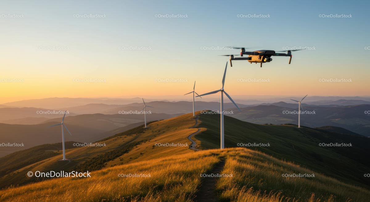 Dron nad turbinami wiatrowymi na Złotych Wzgórzach o zachodzie słońca